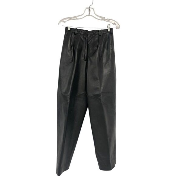 Vakko Vinatge 80s Womens Leather Pants US 8 Black Pleated Straight Leg high rise - Picture 1 of 6